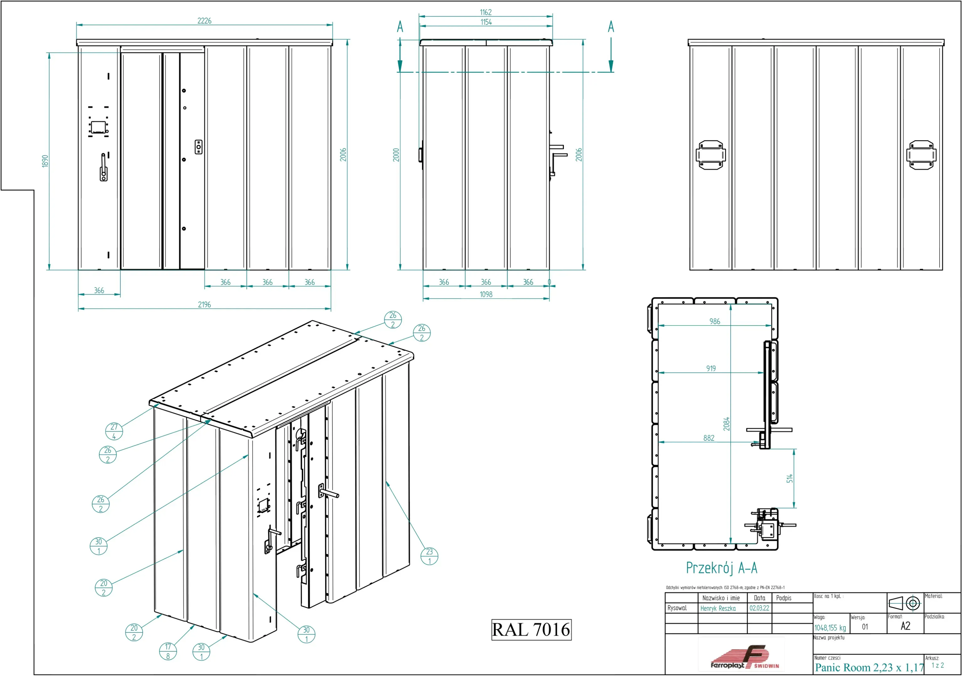Safe room for 3–4 people — 2.23 × 1.17 m, height 2 m