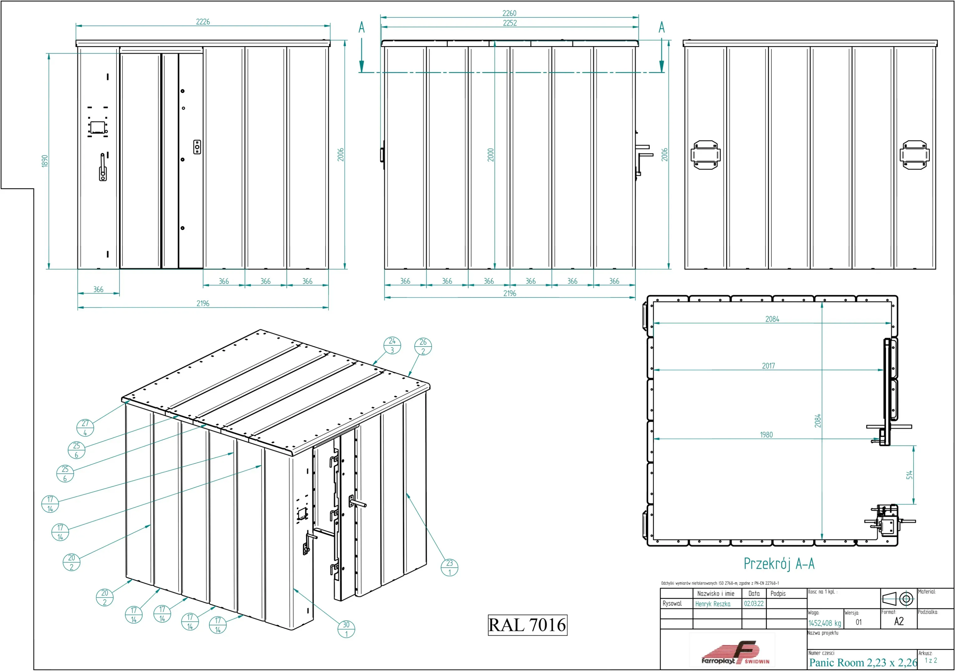 Safe room for 8–10 people — 2.23 × 2.26 m, height 2 m